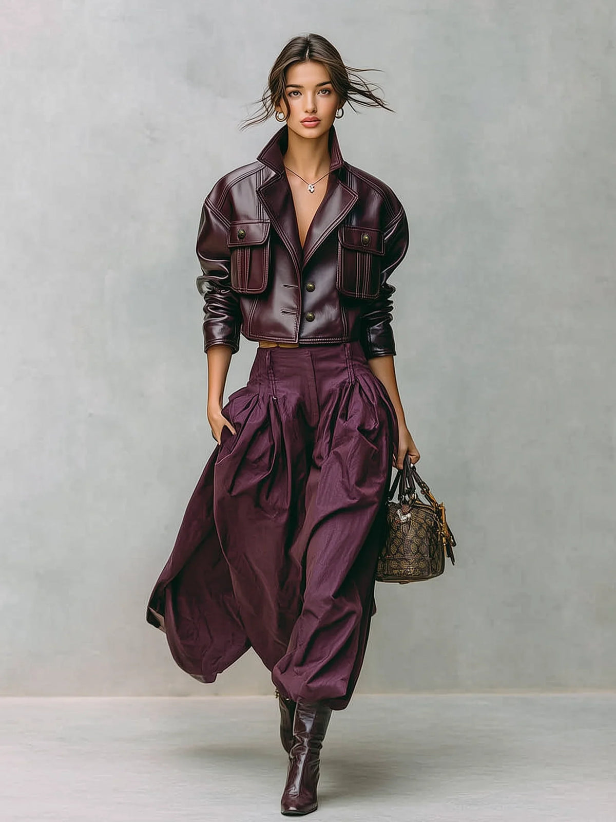 Women’s Cropped Leather Jacket - Double Pocket Lapel Collar