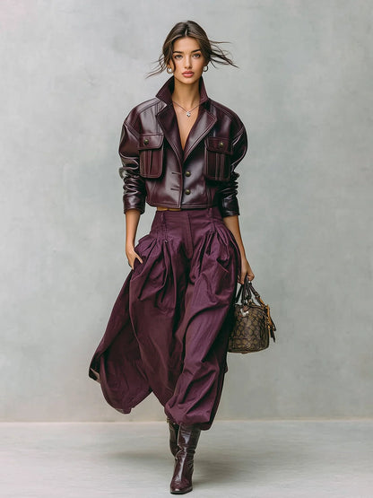 Women’s Cropped Leather Jacket - Double Pocket Lapel Collar