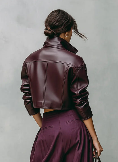 Women’s Cropped Leather Jacket - Double Pocket Lapel Collar