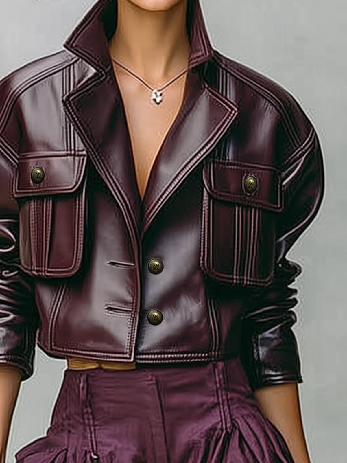 Women’s Cropped Leather Jacket - Double Pocket Lapel Collar