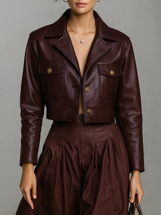 Women's Cropped Leather Jacket - Button Front Long Sleeve