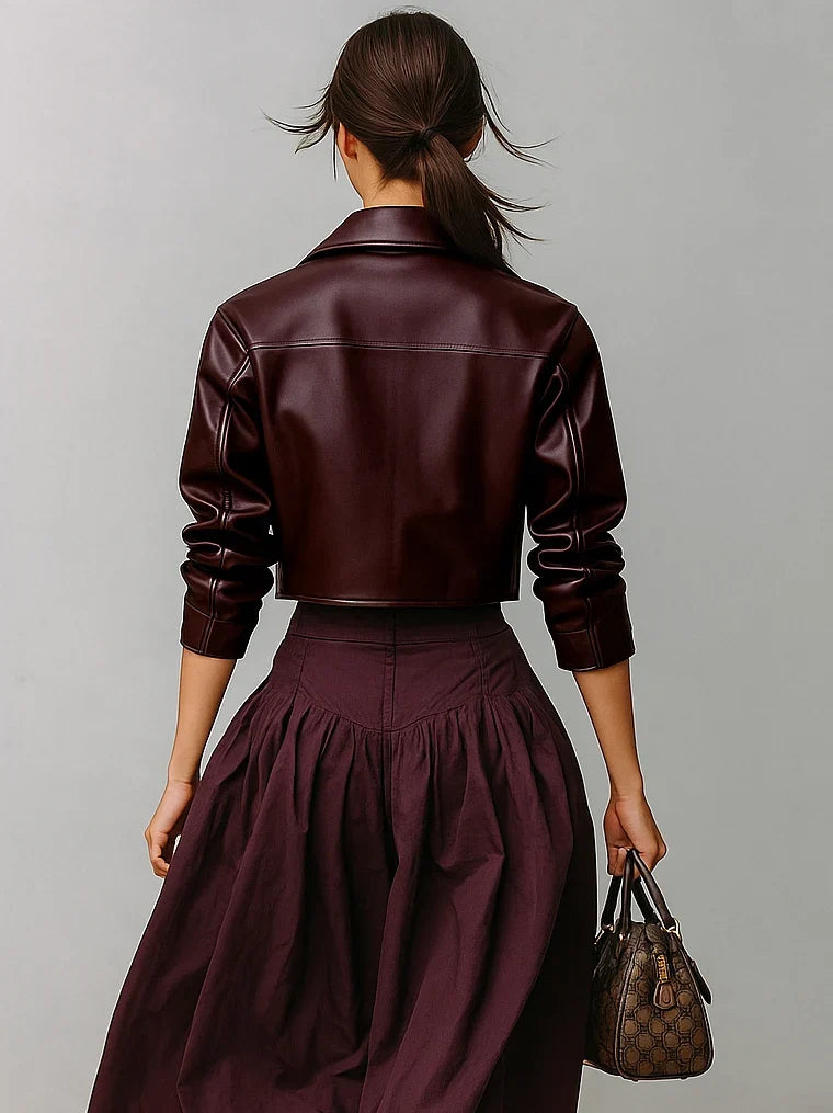 Women's Cropped Leather Jacket - Button Front Long Sleeve