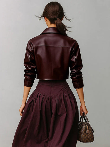 Women's Cropped Leather Jacket - Button Front Long Sleeve