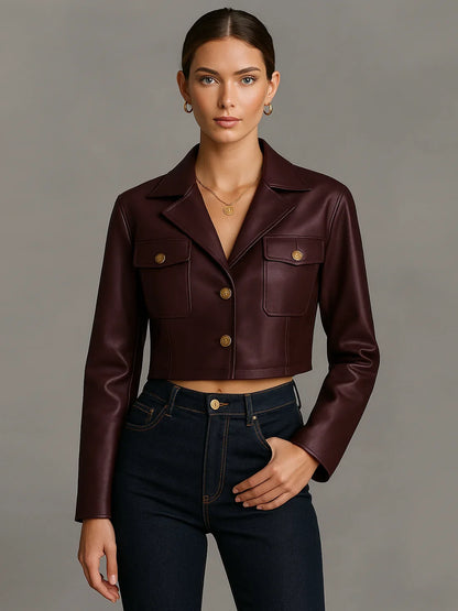 Women's Cropped Leather Jacket - Button Front Long Sleeve