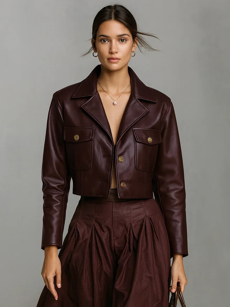 Women's Cropped Leather Jacket - Button Front Long Sleeve