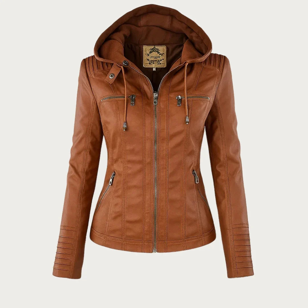 Women’s Leather Moto Jacket - Hooded Zip Front