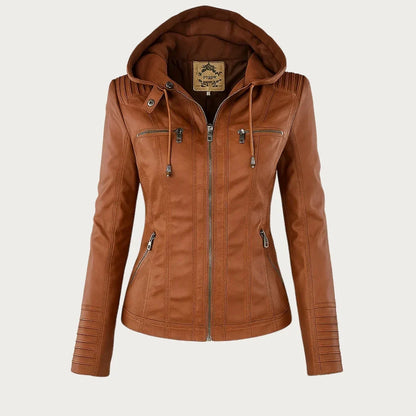 Women’s Leather Moto Jacket - Hooded Zip Front