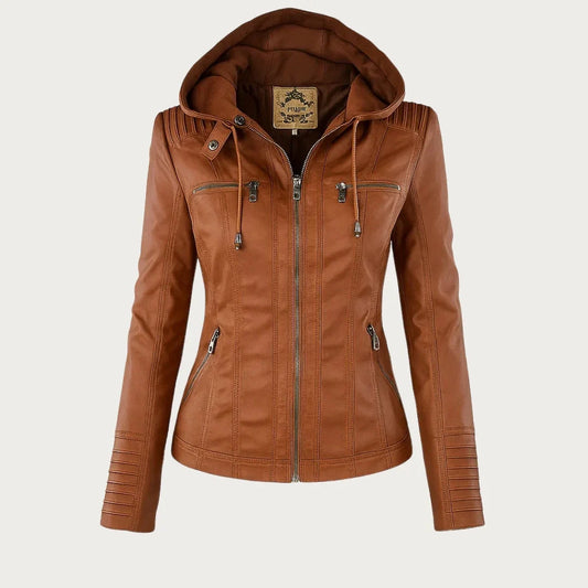 Women’s Leather Moto Jacket - Hooded Zip Front