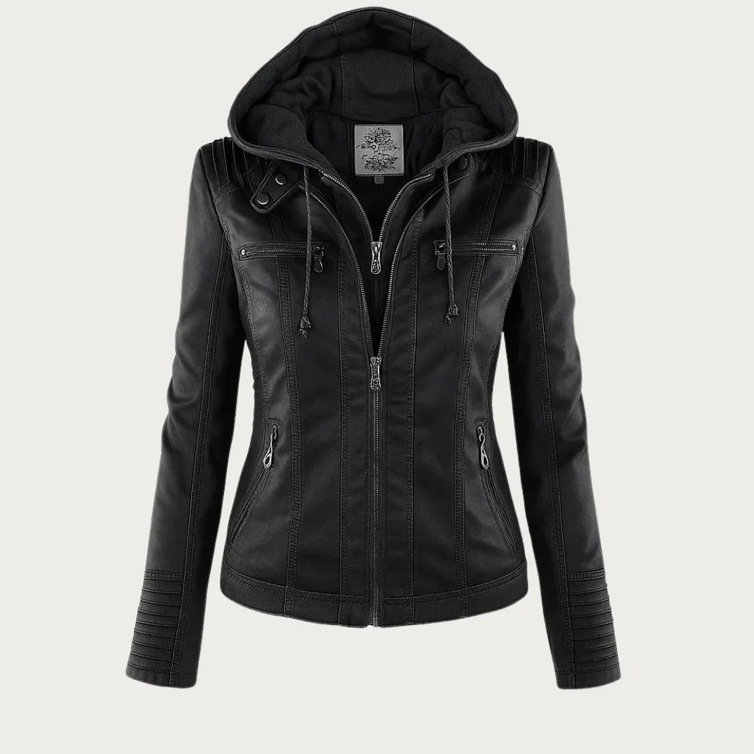 Women’s Leather Moto Jacket - Hooded Zip Front