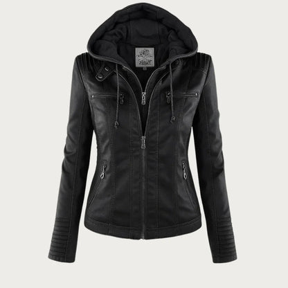 Women’s Leather Moto Jacket - Hooded Zip Front