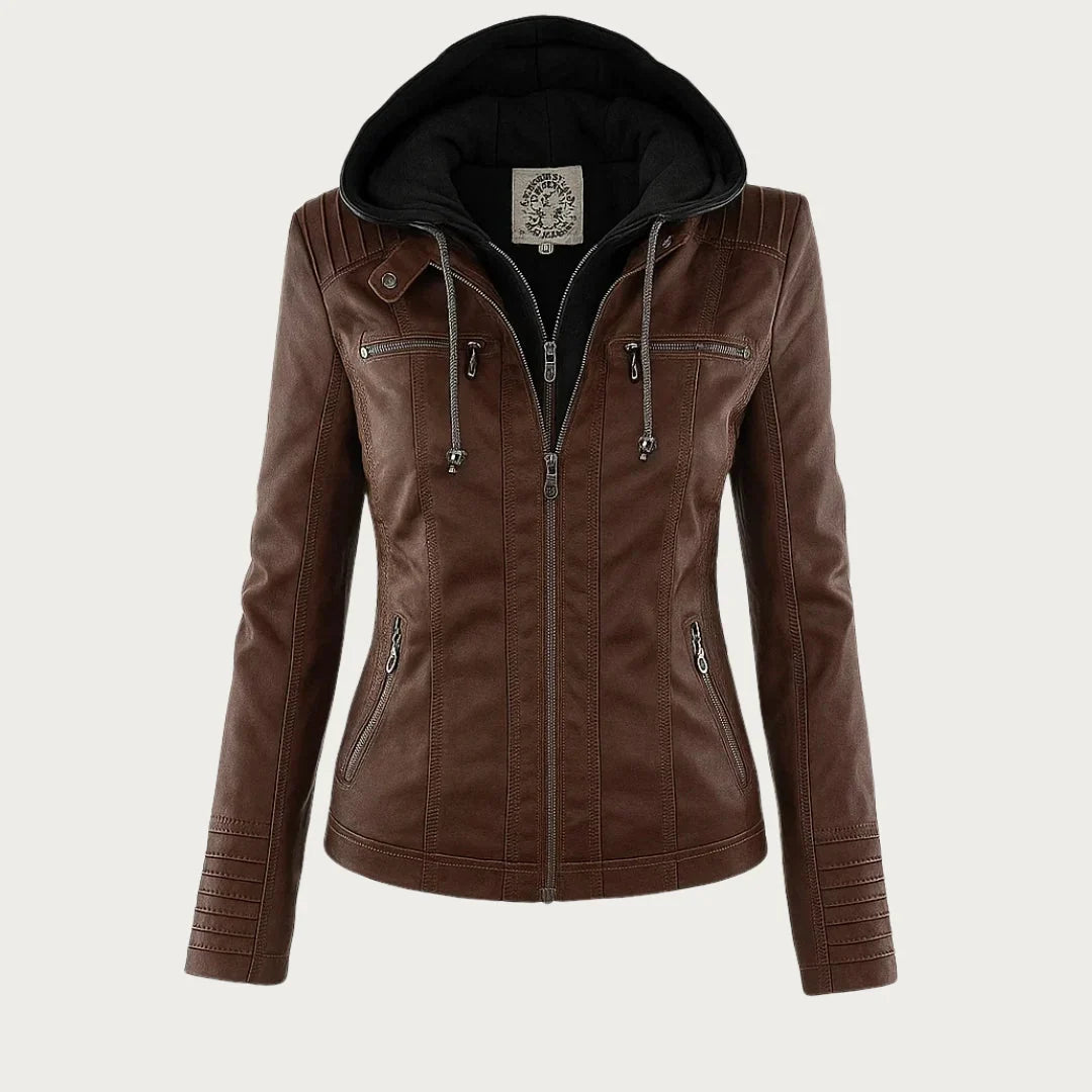 Women’s Leather Moto Jacket - Hooded Zip Front