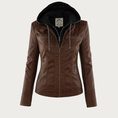Women’s Leather Moto Jacket - Hooded Zip Front