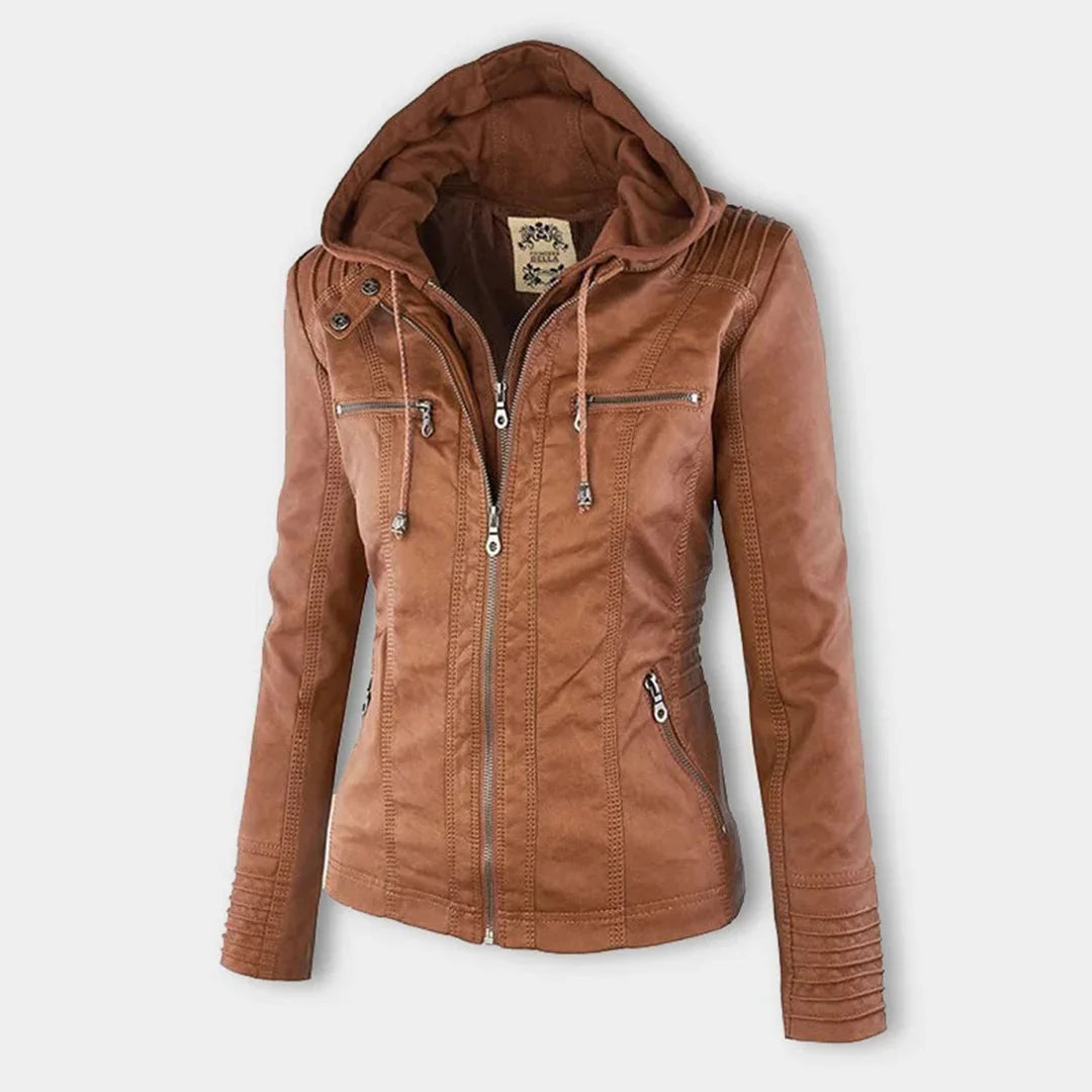 Women’s Leather Moto Jacket - Hooded Zip Front