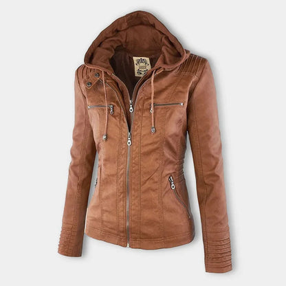 Women’s Leather Moto Jacket - Hooded Zip Front
