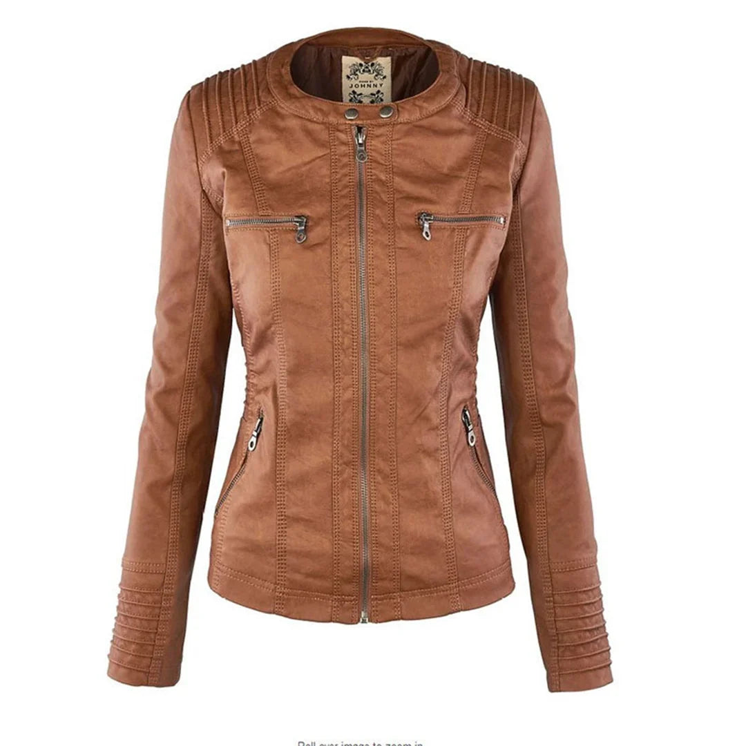 Women’s Leather Moto Jacket - Hooded Zip Front