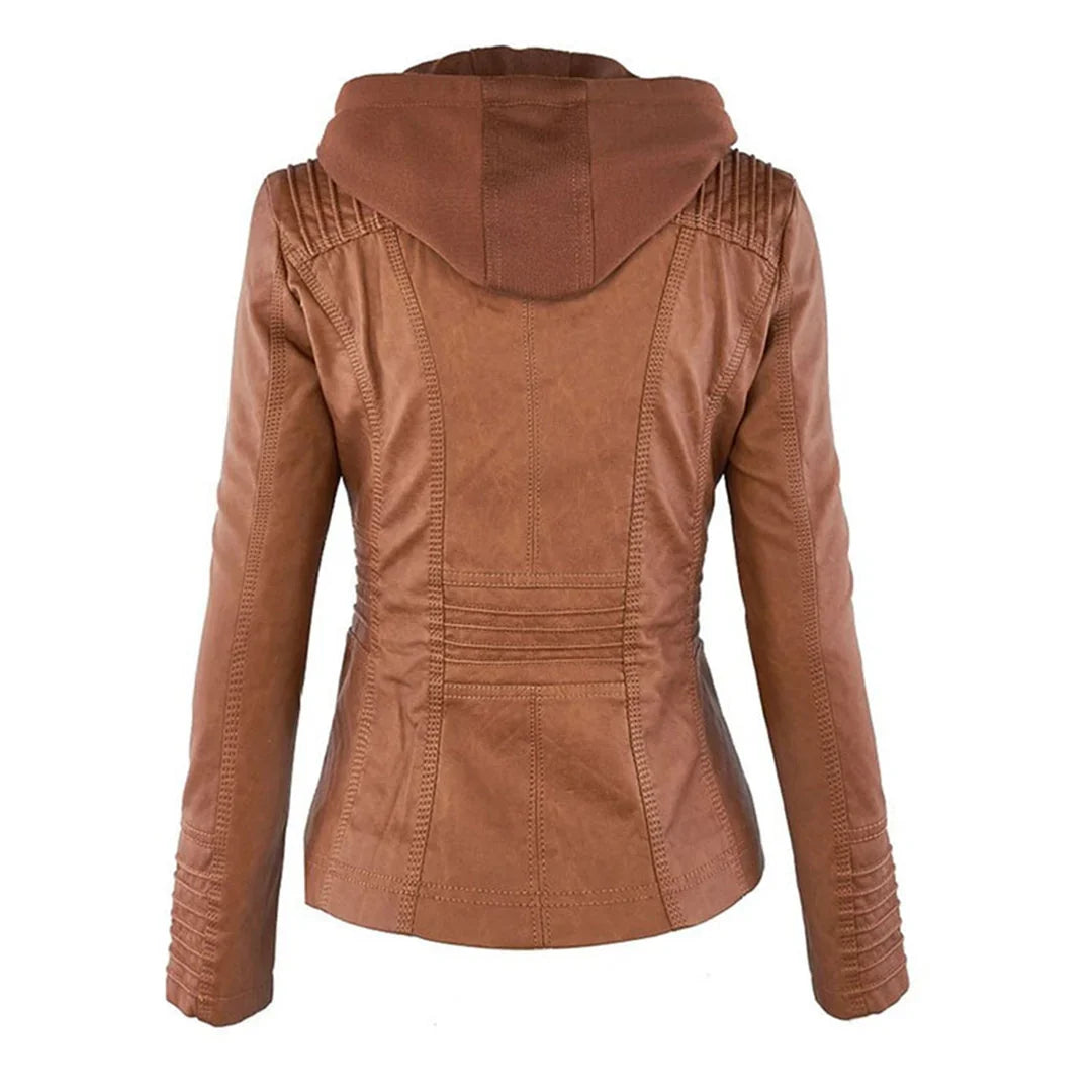 Women’s Leather Moto Jacket - Hooded Zip Front