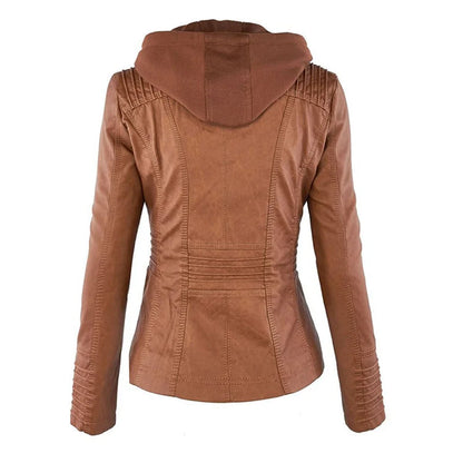 Women’s Leather Moto Jacket - Hooded Zip Front