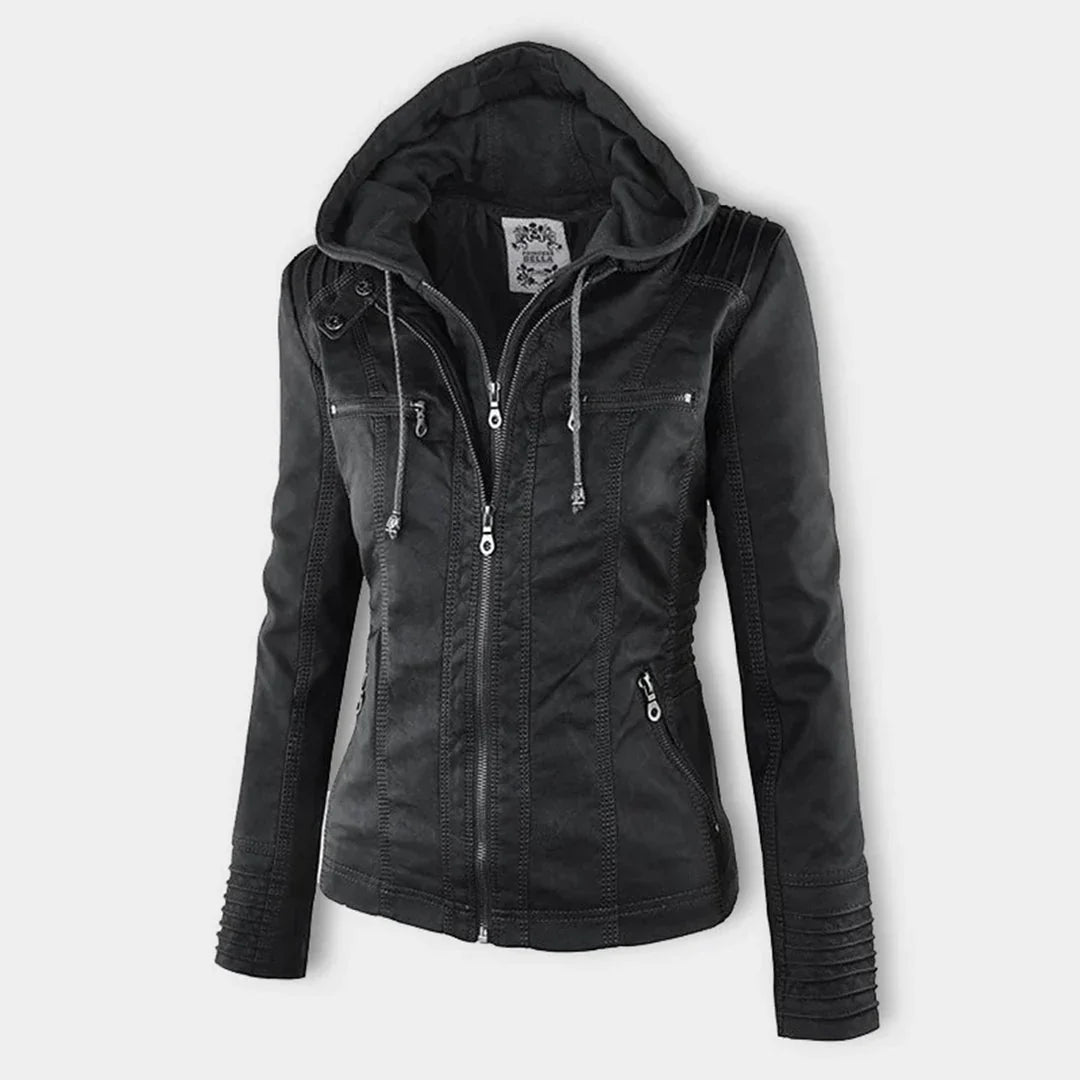 Women’s Leather Moto Jacket - Hooded Zip Front
