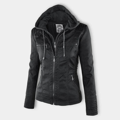 Women’s Leather Moto Jacket - Hooded Zip Front