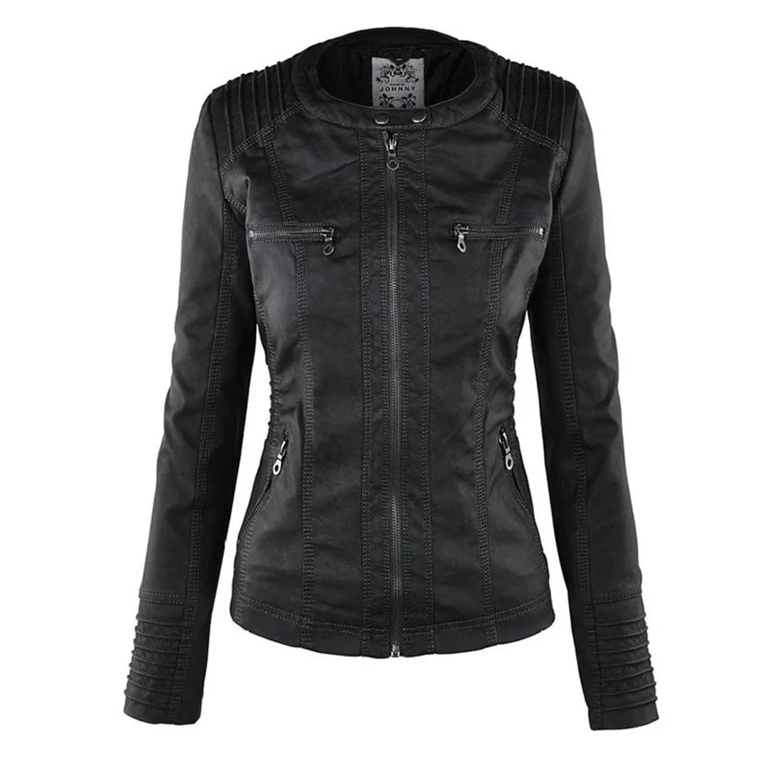 Women’s Leather Moto Jacket - Hooded Zip Front