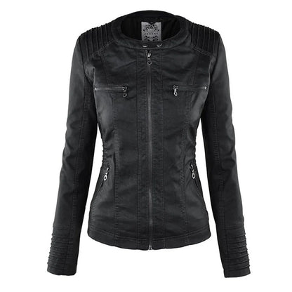 Women’s Leather Moto Jacket - Hooded Zip Front