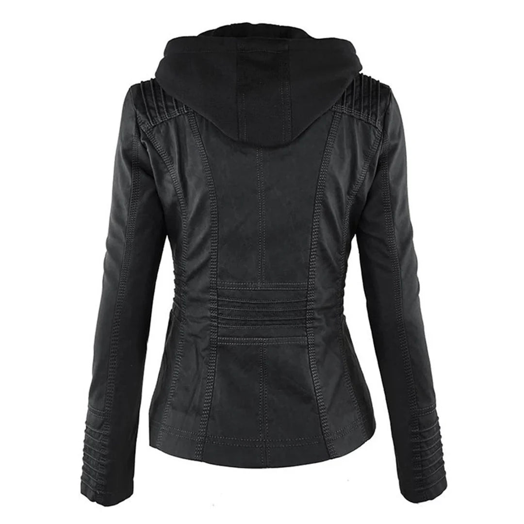 Women’s Leather Moto Jacket - Hooded Zip Front