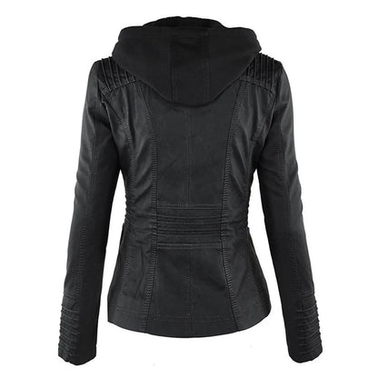 Women’s Leather Moto Jacket - Hooded Zip Front