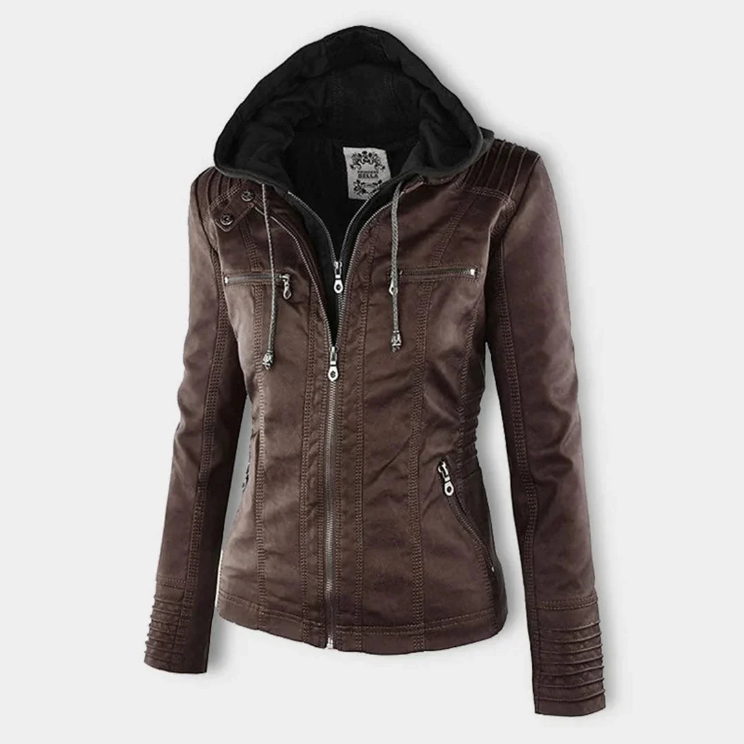 Women’s Leather Moto Jacket - Hooded Zip Front