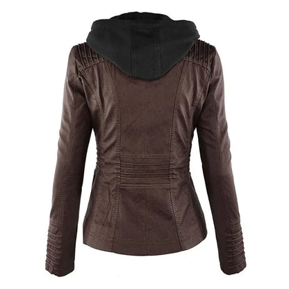 Women’s Leather Moto Jacket - Hooded Zip Front