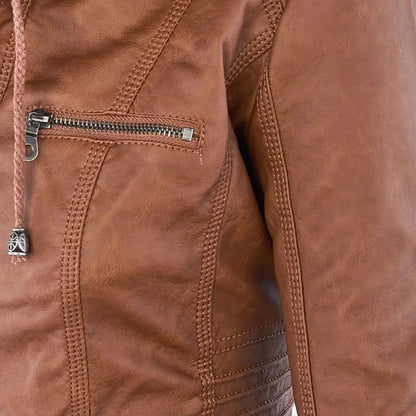 Women’s Leather Moto Jacket - Hooded Zip Front