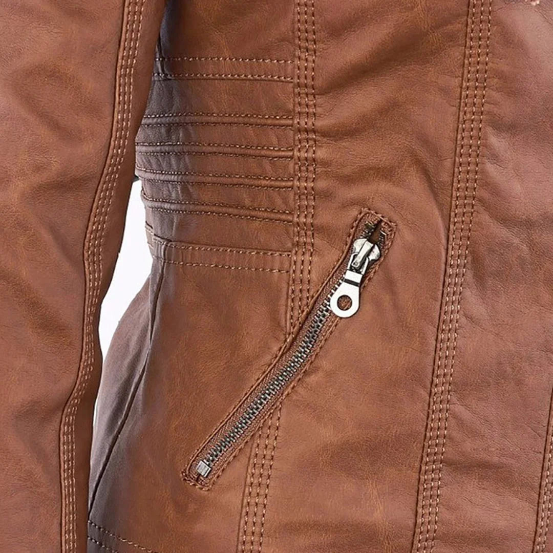 Women’s Leather Moto Jacket - Hooded Zip Front