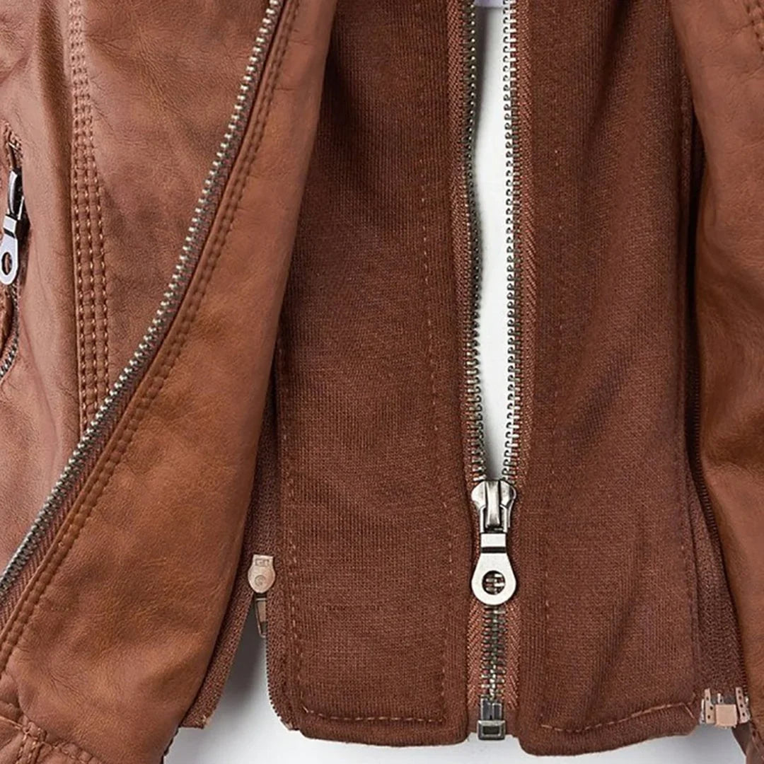 Women’s Leather Moto Jacket - Hooded Zip Front