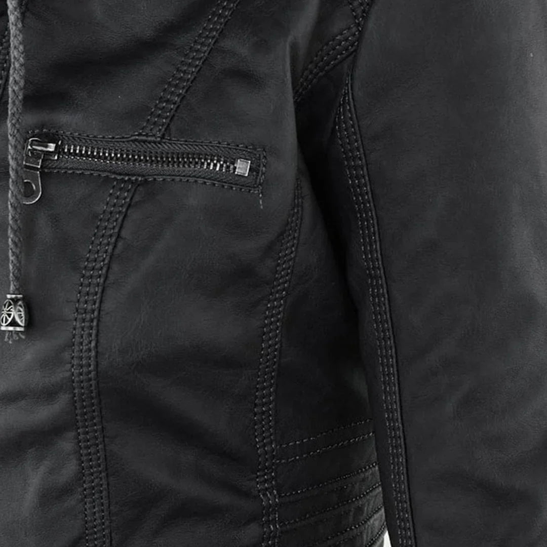 Women’s Leather Moto Jacket - Hooded Zip Front