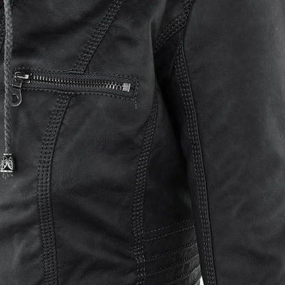 Women’s Leather Moto Jacket - Hooded Zip Front