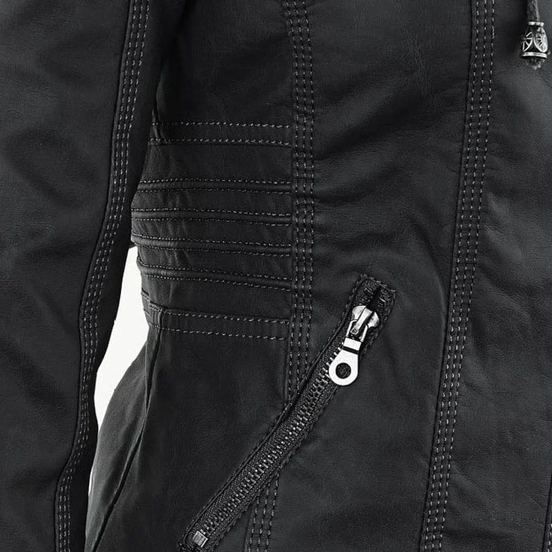 Women’s Leather Moto Jacket - Hooded Zip Front
