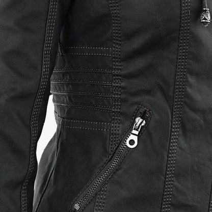 Women’s Leather Moto Jacket - Hooded Zip Front