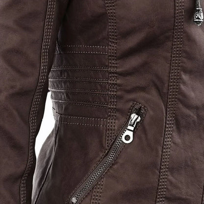 Women’s Leather Moto Jacket - Hooded Zip Front