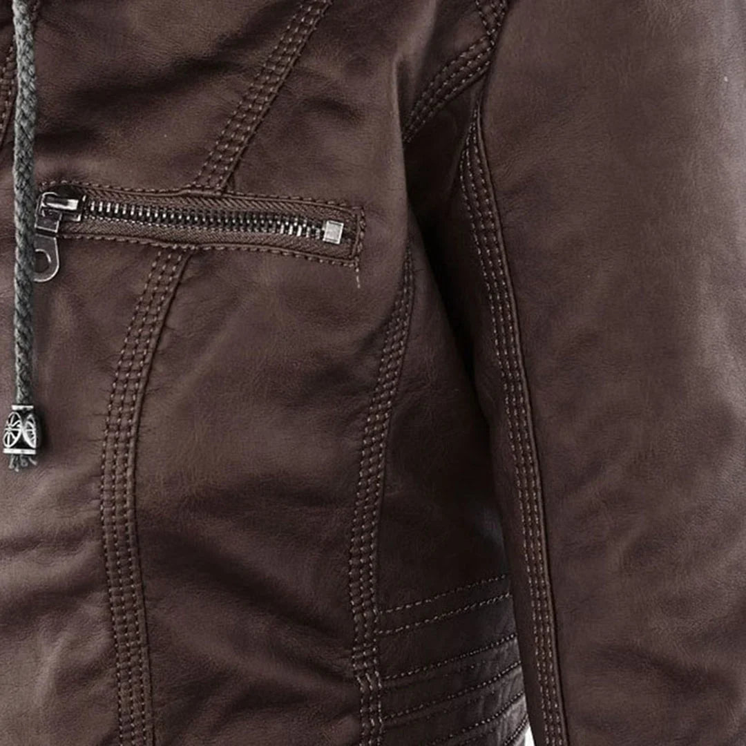 Women’s Leather Moto Jacket - Hooded Zip Front