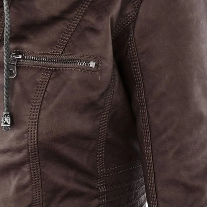 Women’s Leather Moto Jacket - Hooded Zip Front