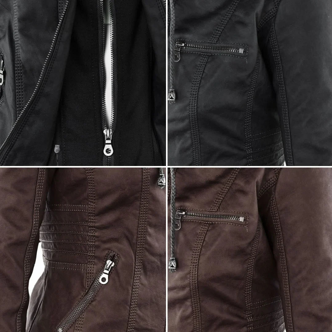 Women’s Leather Moto Jacket - Hooded Zip Front