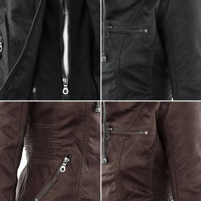 Women’s Leather Moto Jacket - Hooded Zip Front