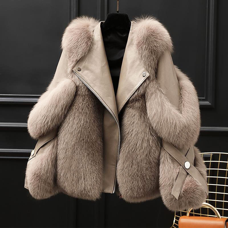 Women’s Leather Jacket - Oversized Fur Collar Zip Front