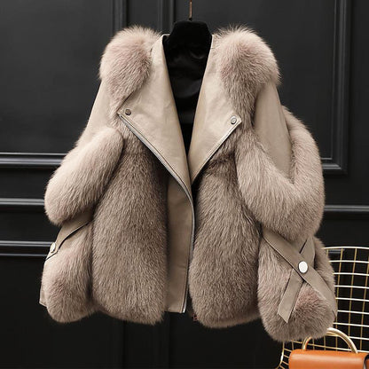 Women’s Leather Jacket - Oversized Fur Collar Zip Front