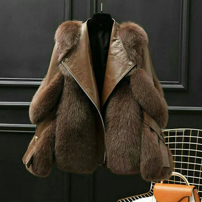 Women’s Leather Jacket - Oversized Fur Collar Zip Front