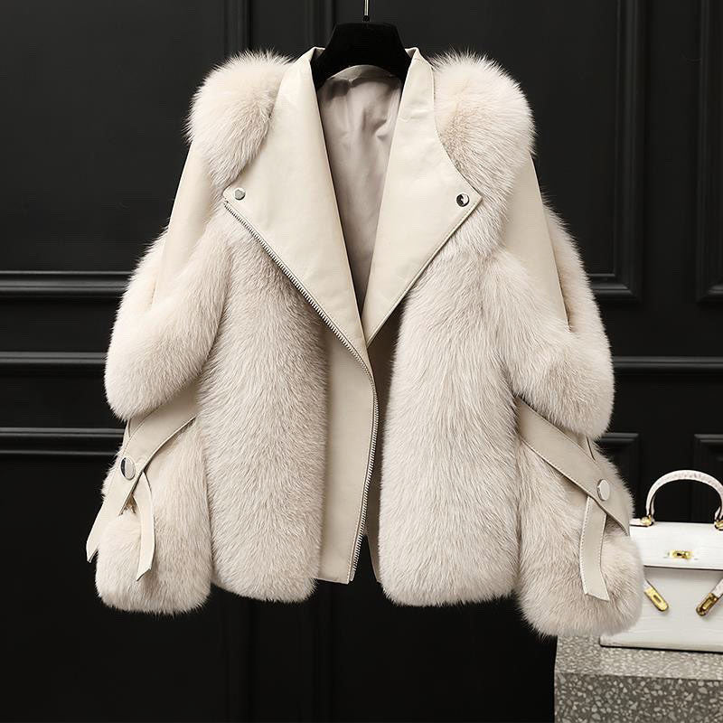 Women’s Leather Jacket - Oversized Fur Collar Zip Front
