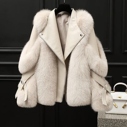 Women’s Leather Jacket - Oversized Fur Collar Zip Front
