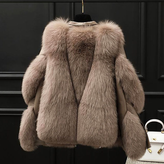Women’s Leather Jacket - Oversized Fur Collar Zip Front