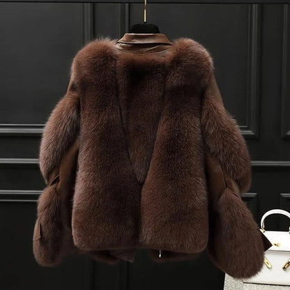 Women’s Leather Jacket - Oversized Fur Collar Zip Front