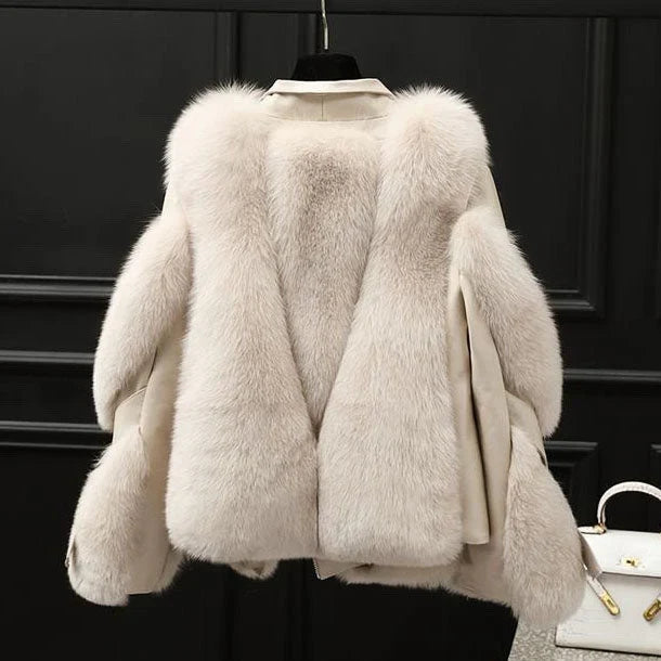 Women’s Leather Jacket - Oversized Fur Collar Zip Front