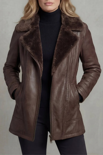 Women’s Brown Leather Jacket - Shearling Lined Winter Coat